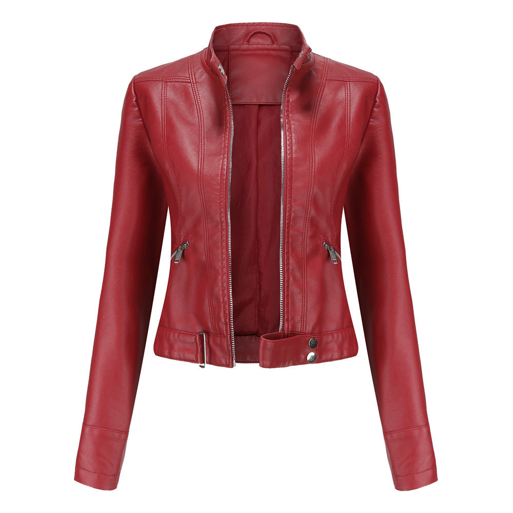 Damen Lederjacke für den Herbst mit Gürtel in Rot