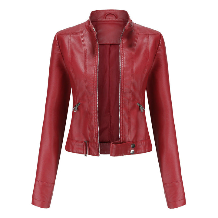 Damen Lederjacke für den Herbst mit Gürtel in Rot