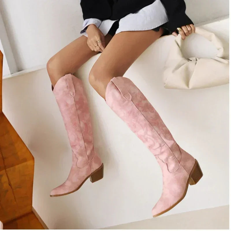 Damen Lederstiefel im Cowboy-Stil in Rosa