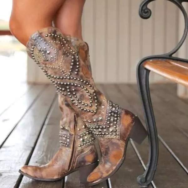 Damen Lederstiefel im modernen Western-Stil in Braun