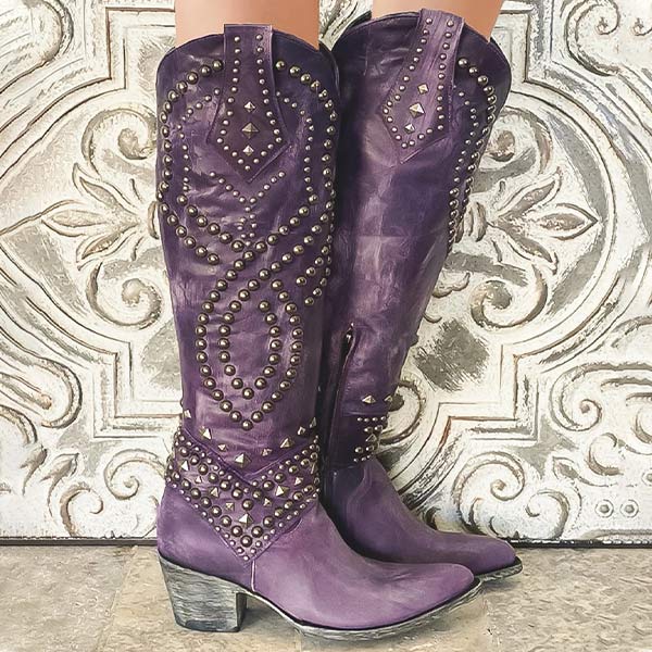 Damen Lederstiefel im modernen Western-Stil in Lila