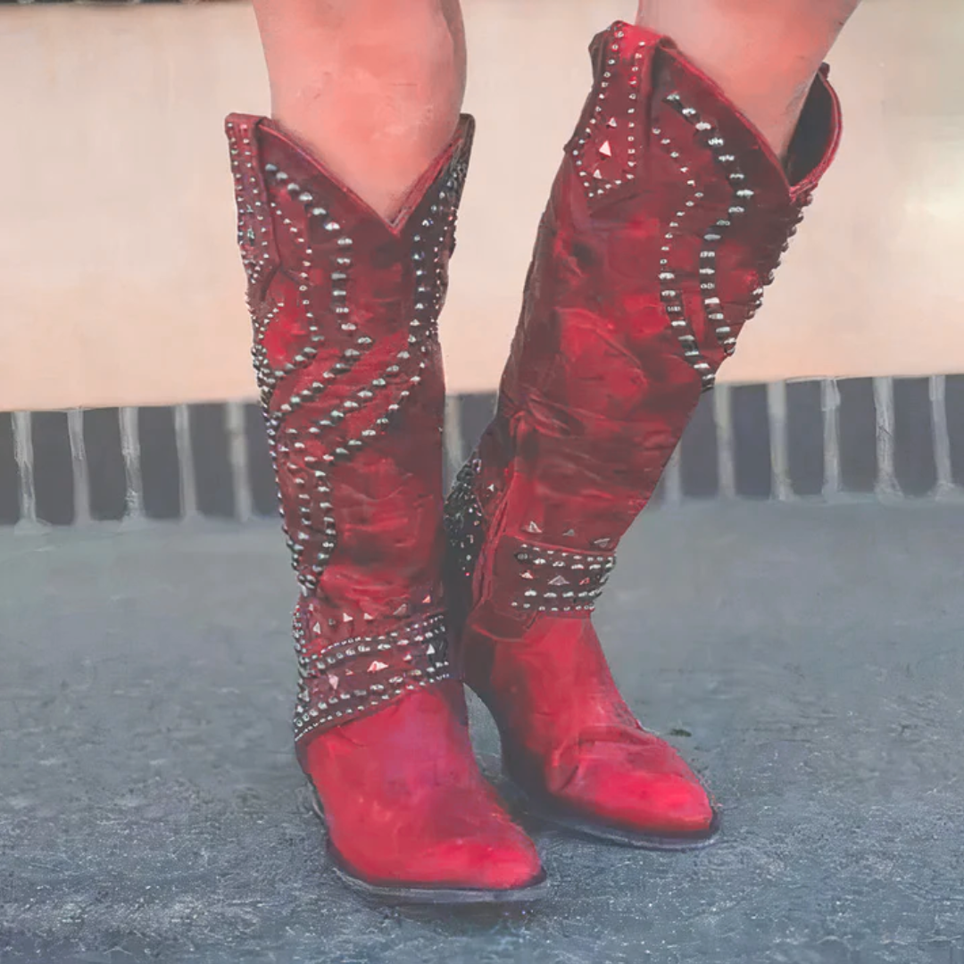Damen Lederstiefel im modernen Western-Stil in Rot