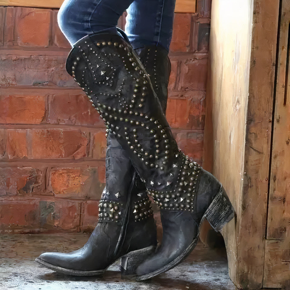 Damen Lederstiefel im modernen Western-Stil in Schwarz