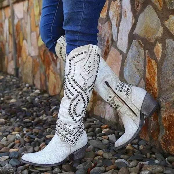 Damen Lederstiefel im modernen Western-Stil in Weiß