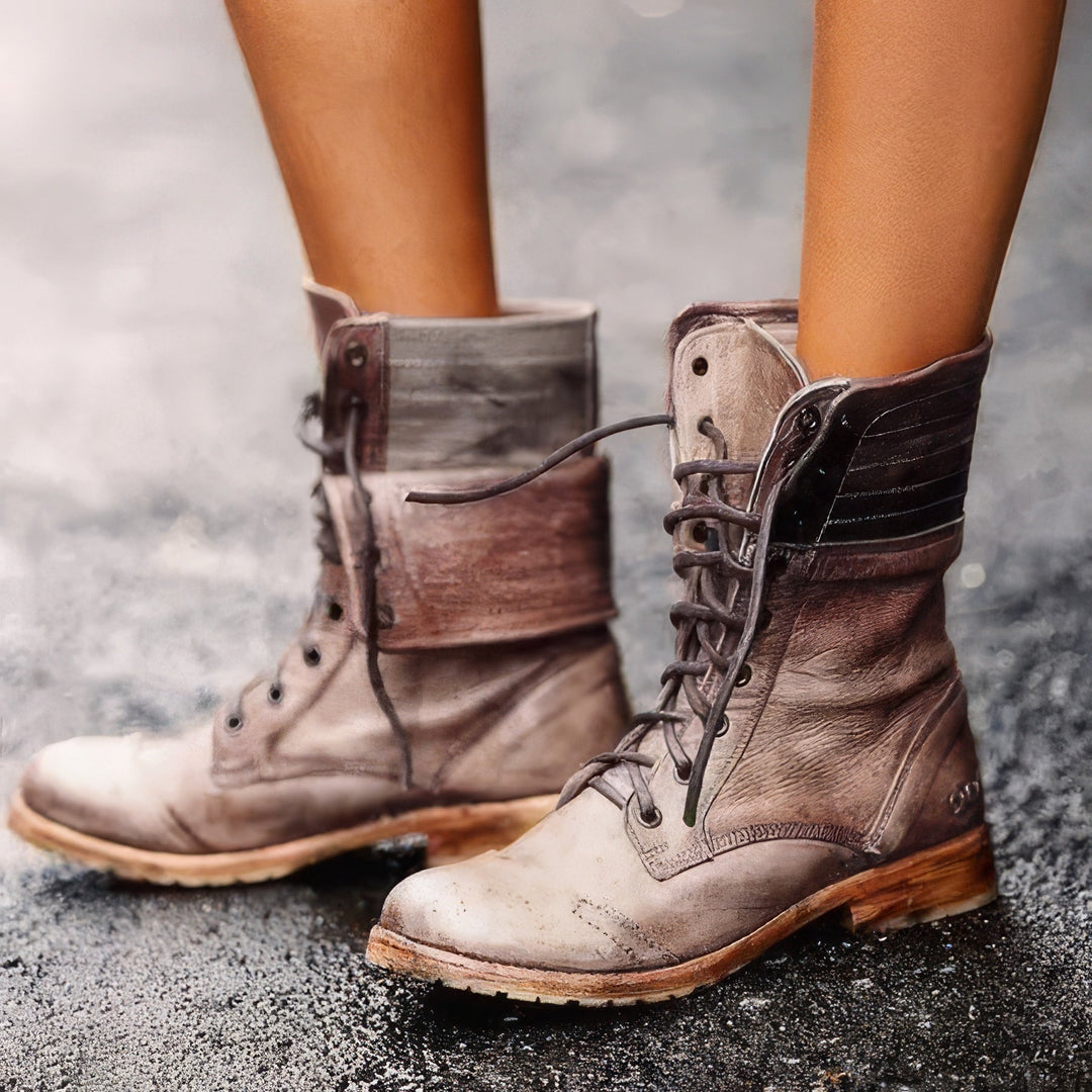 Damen Lederstiefel im Retro-Stil in Dunkelbraun