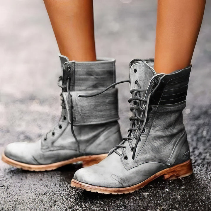 Damen Lederstiefel im Retro-Stil in Grau