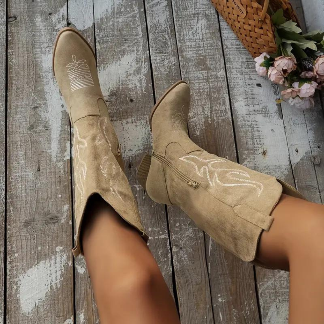 Damen Lederstiefel Retro Kniehoch