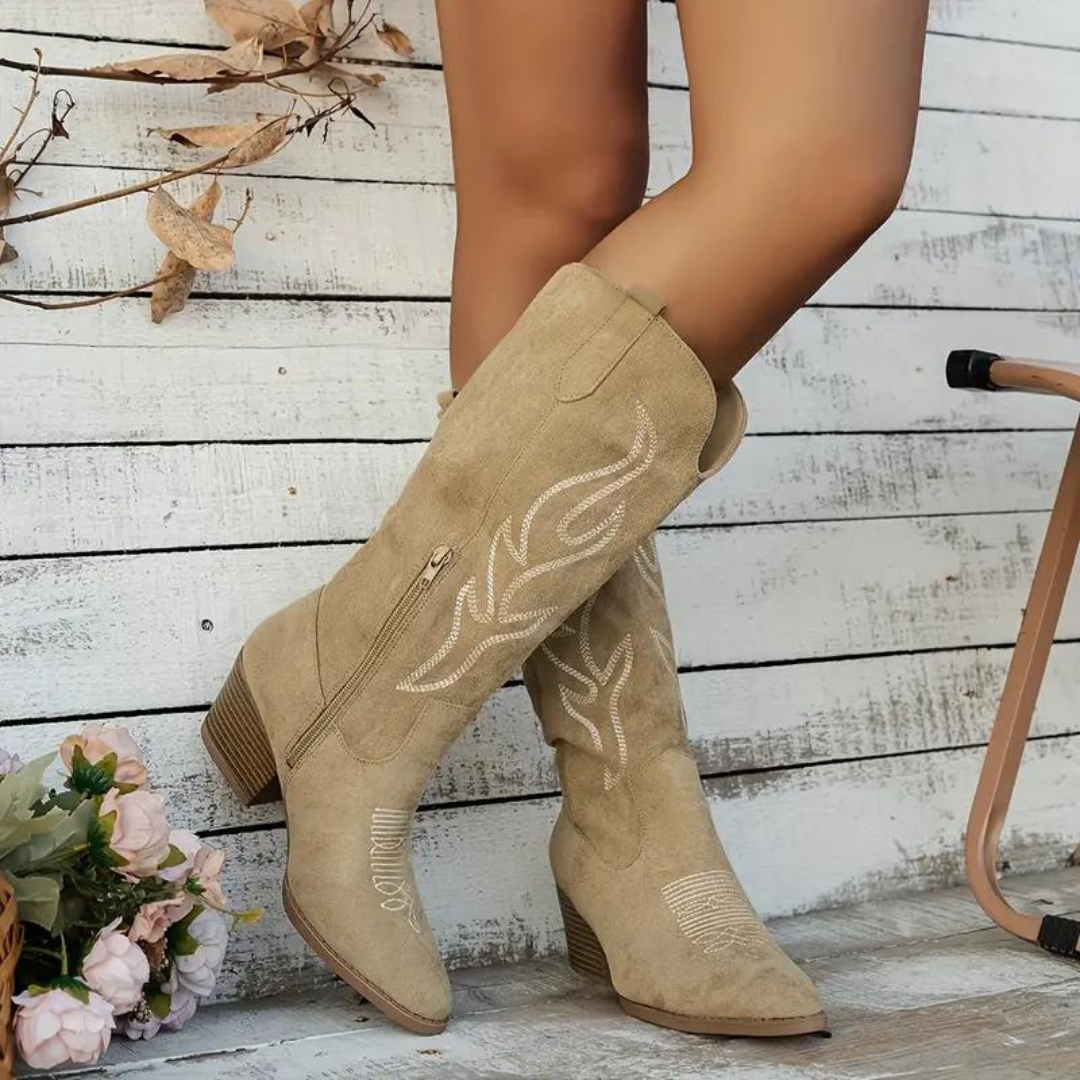 Damen Lederstiefel Retro Kniehoch in Beige