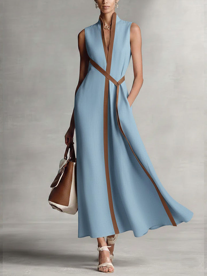 Damen Leichtes Modernes Mandarin-Kleid ärmellos in Blau