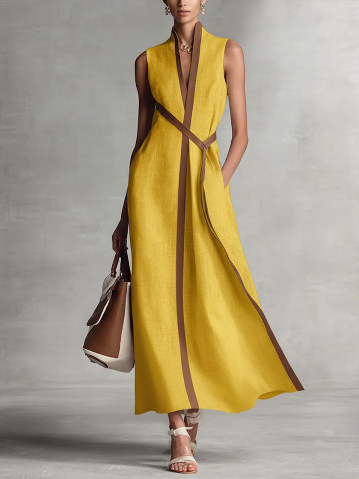 Damen Leichtes Modernes Mandarin-Kleid ärmellos in Gelb