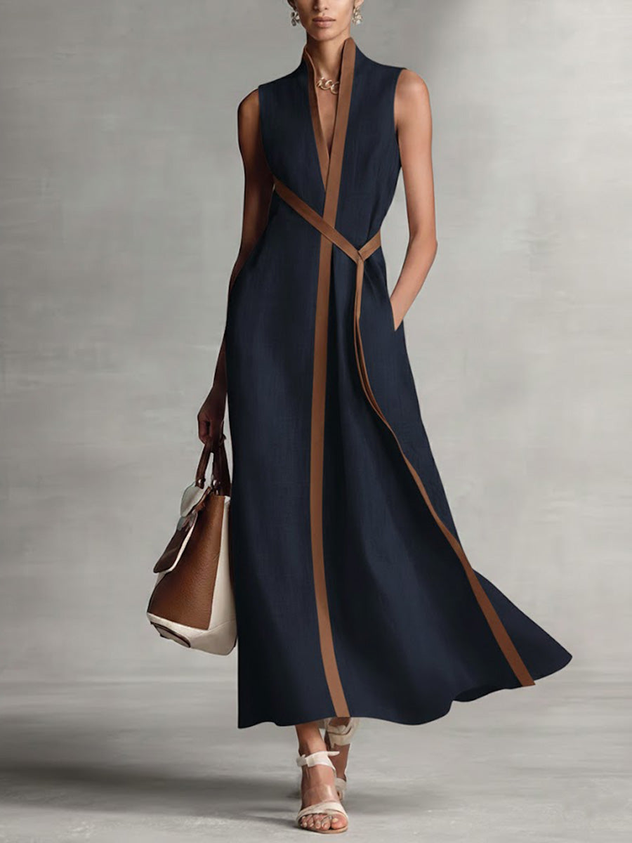 Damen Leichtes Modernes Mandarin-Kleid ärmellos in Marineblau