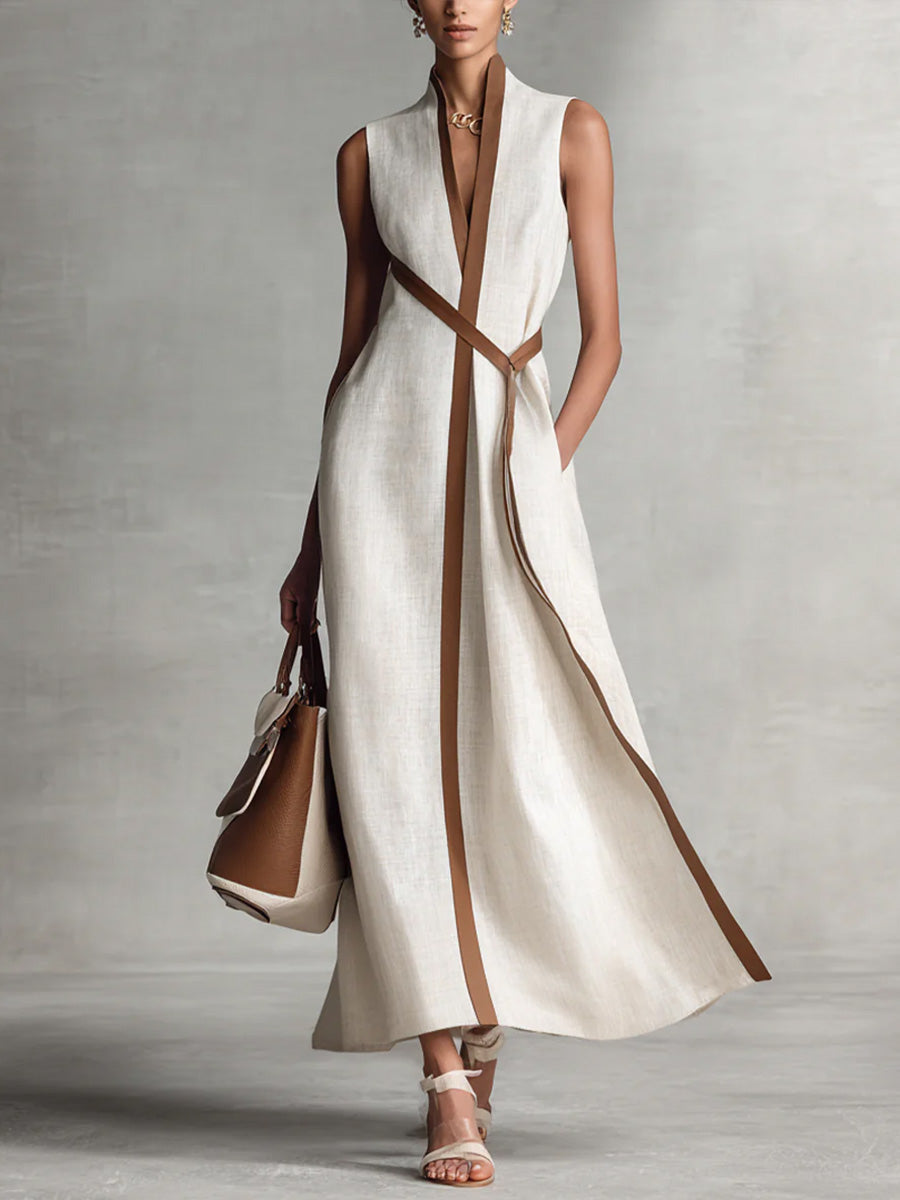 Damen Leichtes Modernes Mandarin-Kleid ärmellos in Weiß