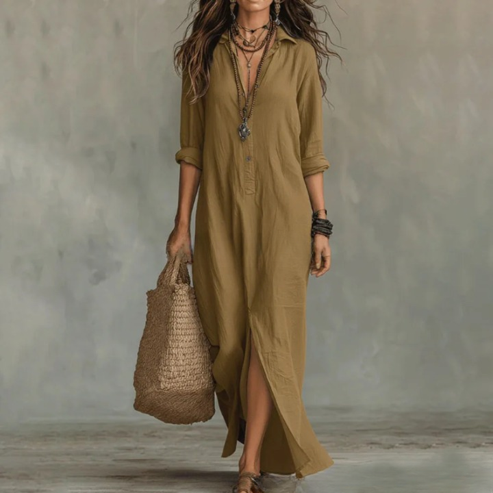 Damen Leinen Abendkleid in Maxilänge in Khaki