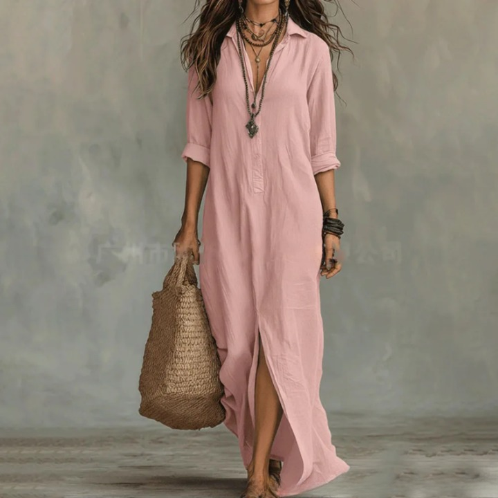 Damen Leinen Abendkleid in Maxilänge in Rosa