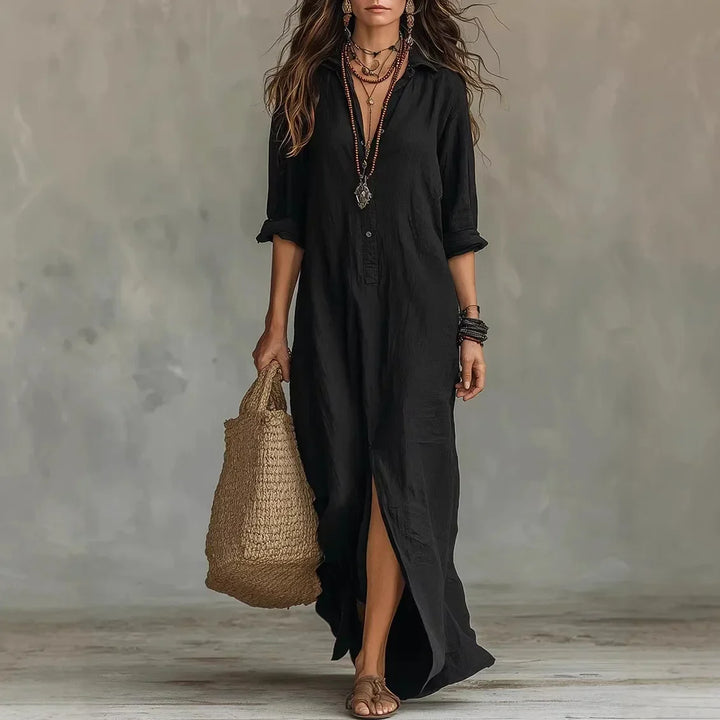Damen Leinen Abendkleid in Maxilänge in Schwarz