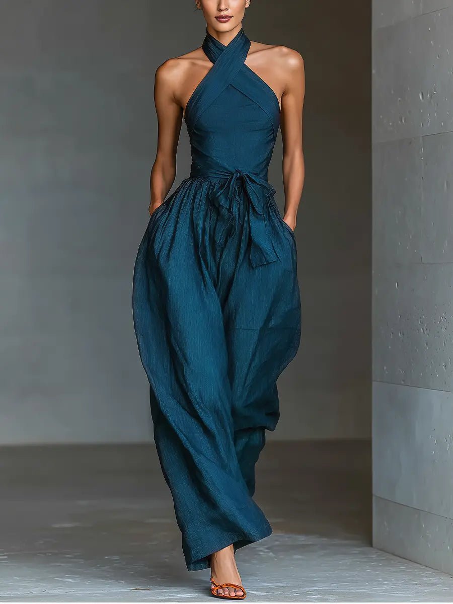 Damen Leinen Jumpsuit für elegante Anlässe in Marineblau