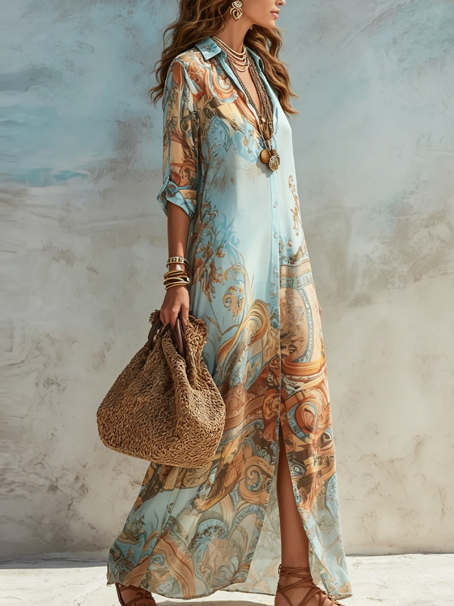Damen Leinen Maxikleid für den Sommer in Hellblau 2