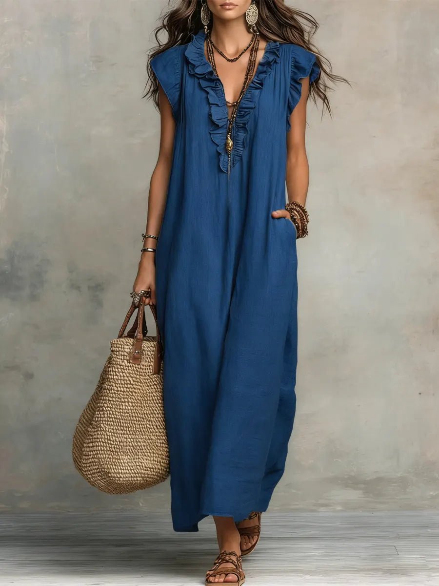 Damen Leinen Maxikleid im Boho-Stil für Hochzeitsgäste in Blau