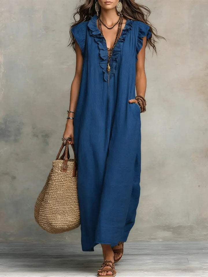 Damen Leinen Maxikleid im Boho-Stil für Hochzeitsgäste in Blau