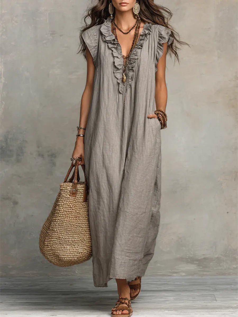 Damen Leinen Maxikleid im Boho-Stil für Hochzeitsgäste in Grau