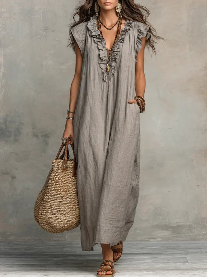 Damen Leinen Maxikleid im Boho-Stil für Hochzeitsgäste in Grau