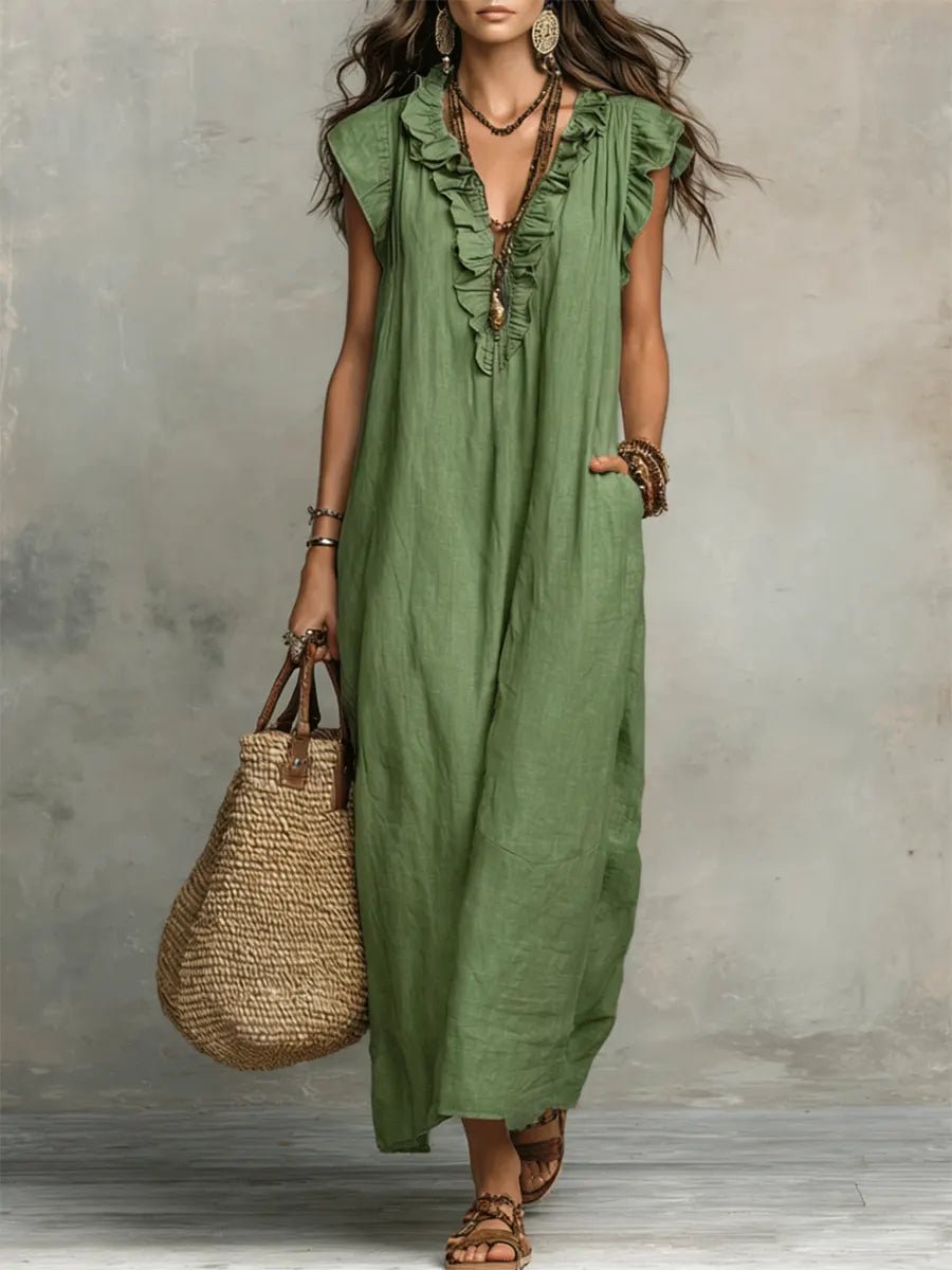 Damen Leinen Maxikleid im Boho-Stil für Hochzeitsgäste in Grün