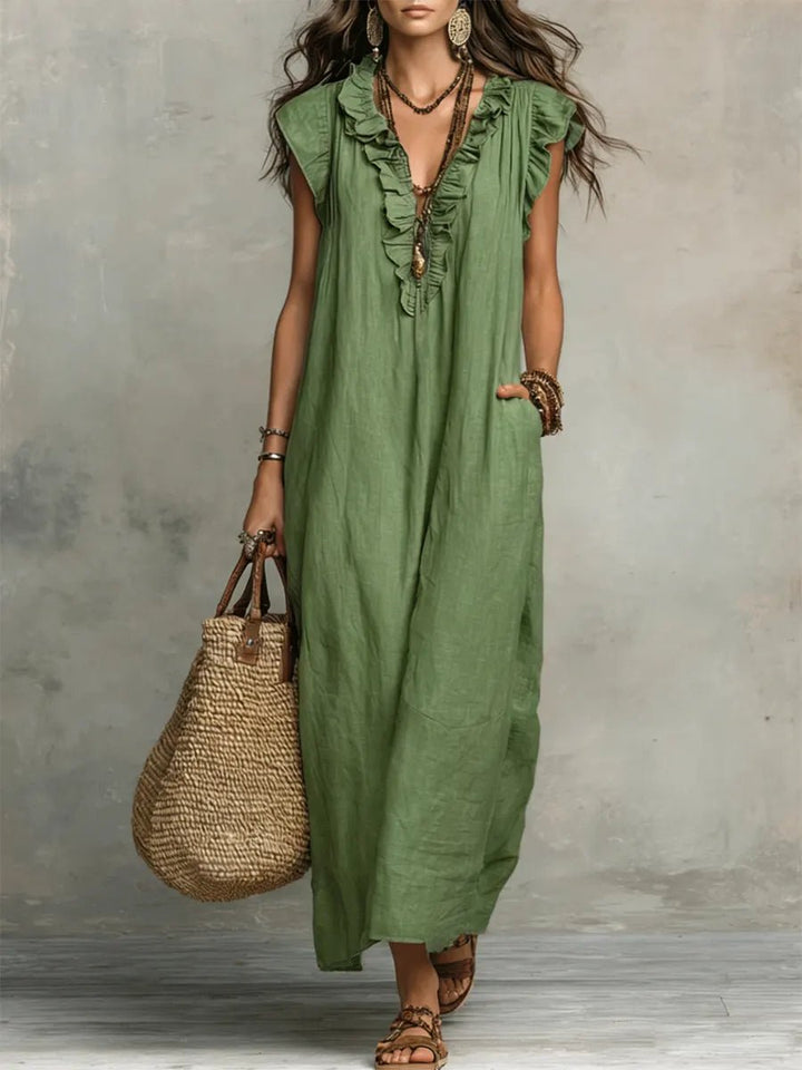 Damen Leinen Maxikleid im Boho-Stil für Hochzeitsgäste in Grün