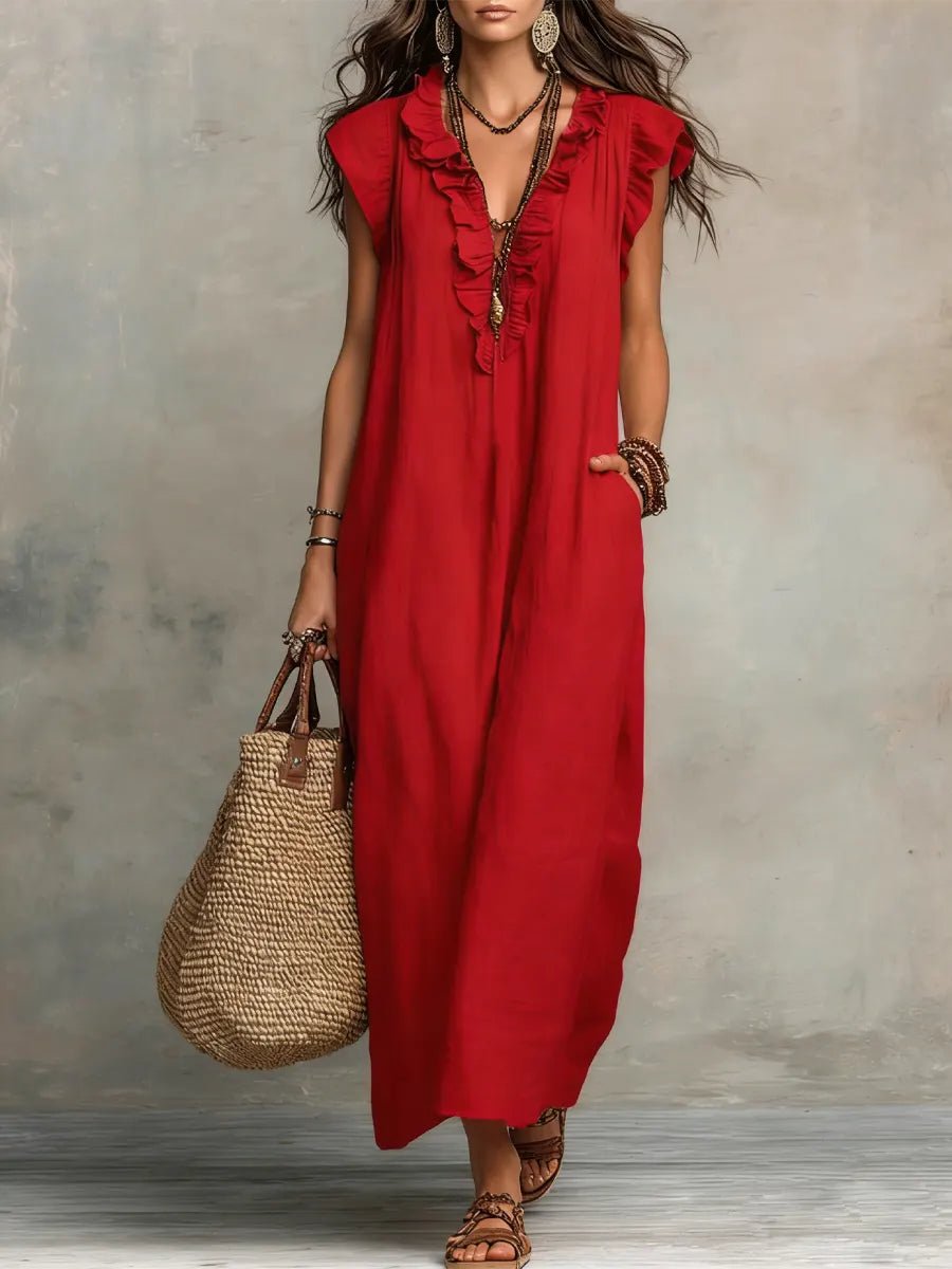 Damen Leinen Maxikleid im Boho-Stil für Hochzeitsgäste in Rot