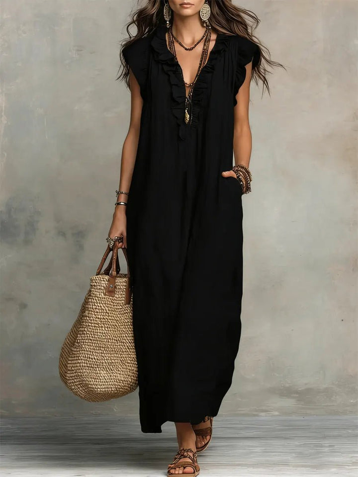 Damen Leinen Maxikleid im Boho-Stil für Hochzeitsgäste in Schwarz
