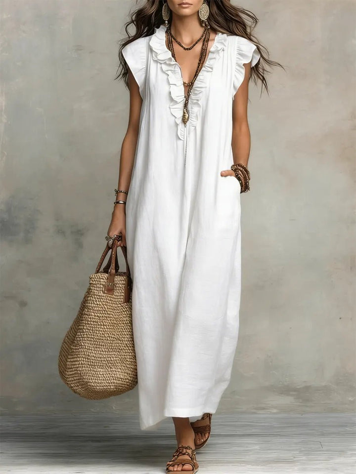 Damen Leinen Maxikleid im Boho-Stil für Hochzeitsgäste in Weiß