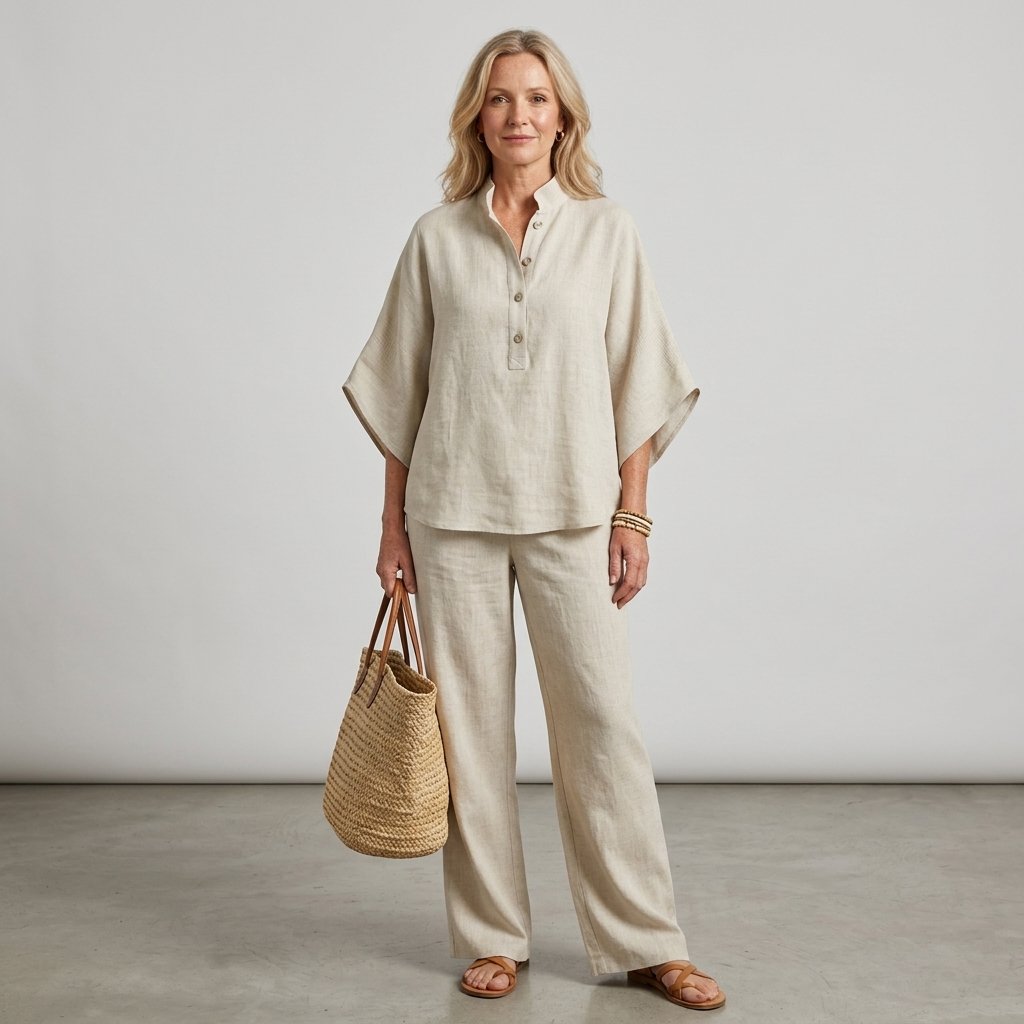 Damen Leinen-Set mit Kimonoärmeln für den Sommer (15)