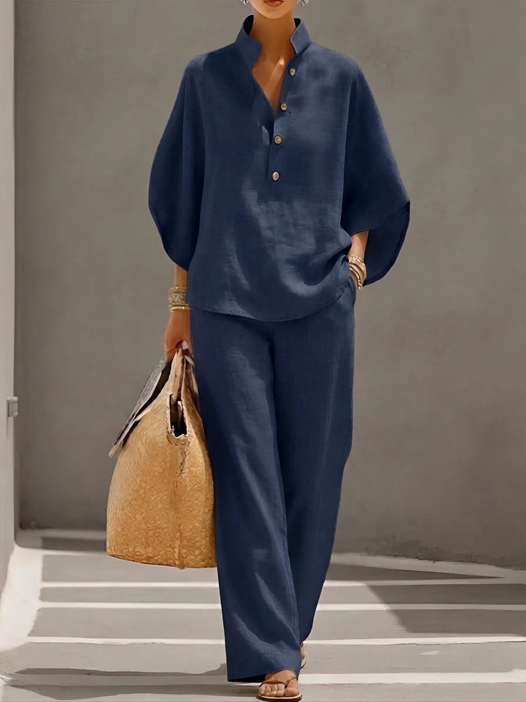 Damen Leinen-Set mit Kimonoärmeln für den Sommer in Marineblau