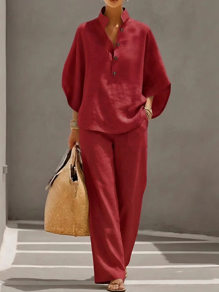 Damen Leinen-Set mit Kimonoärmeln für den Sommer in Rot