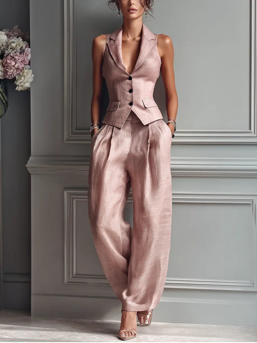 Damen Leinen Westen-Set mit weiter Hose