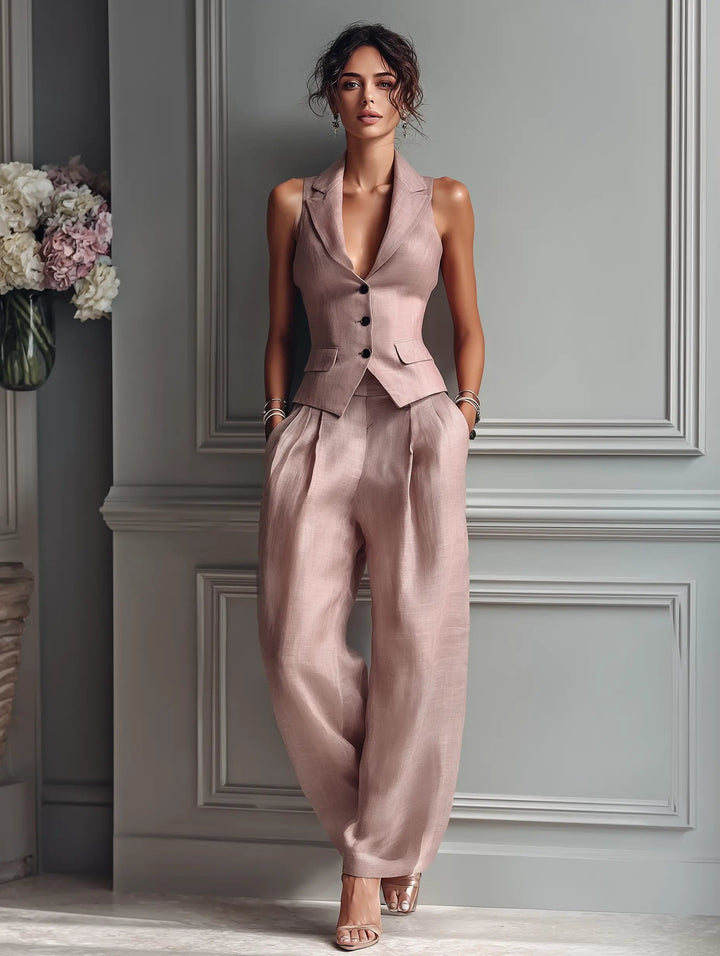 Damen Leinen Westen-Set mit weiter Hose (3)