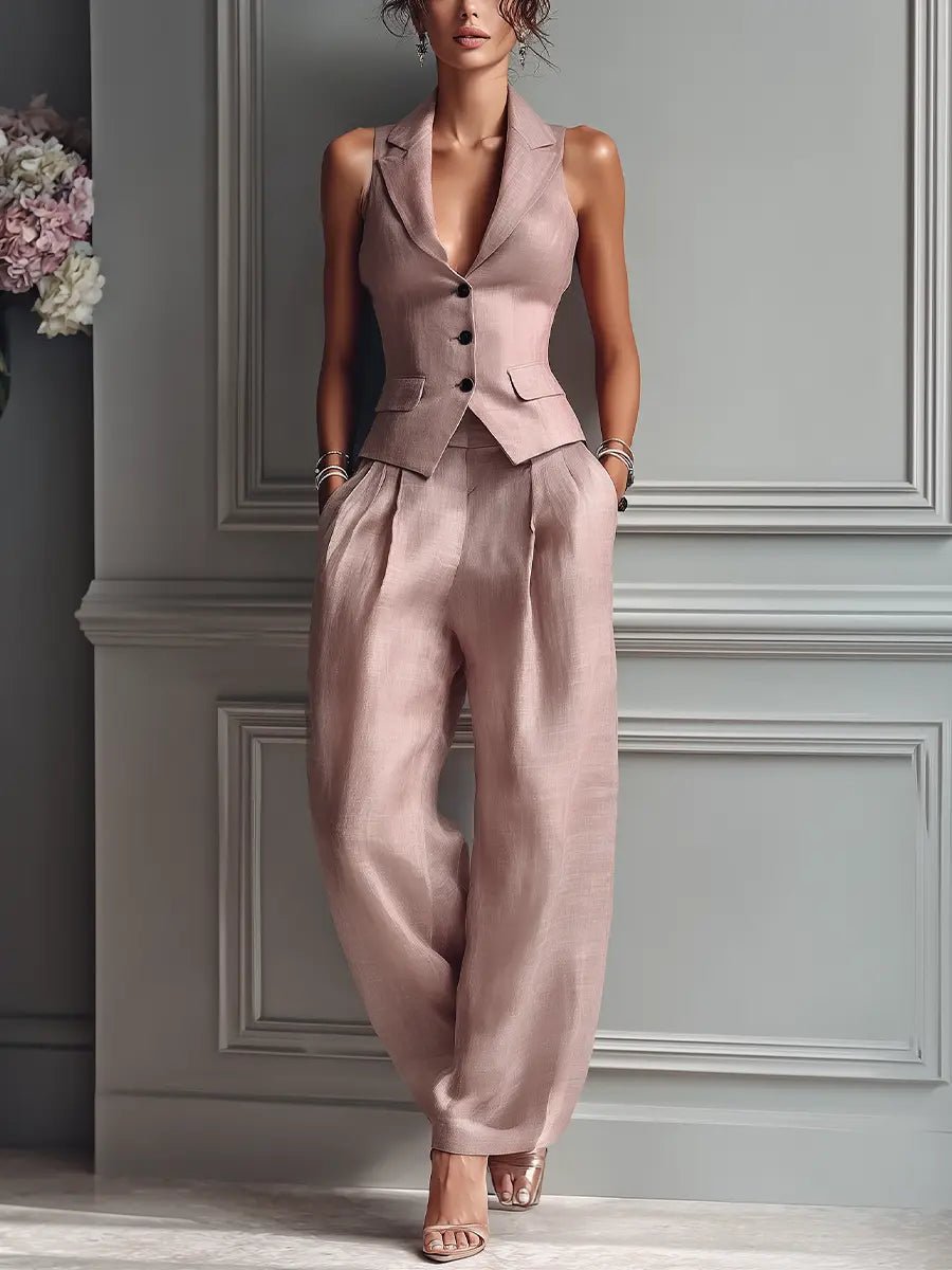 Damen Leinen Westen-Set mit weiter Hose in Blush Pink