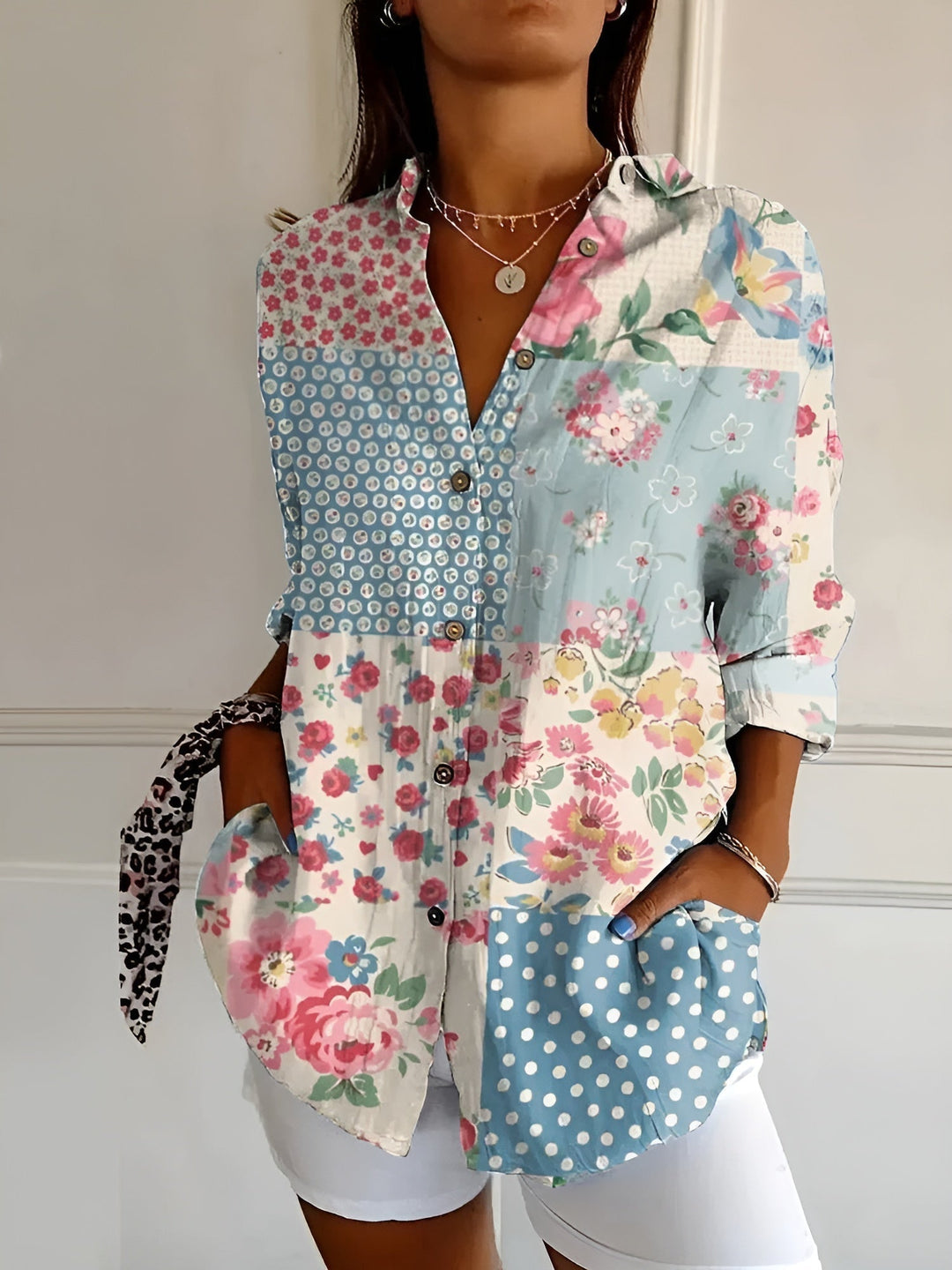 Damen Leinenbluse mit Blumenmustern für jeden Anlass in Blumen Blau
