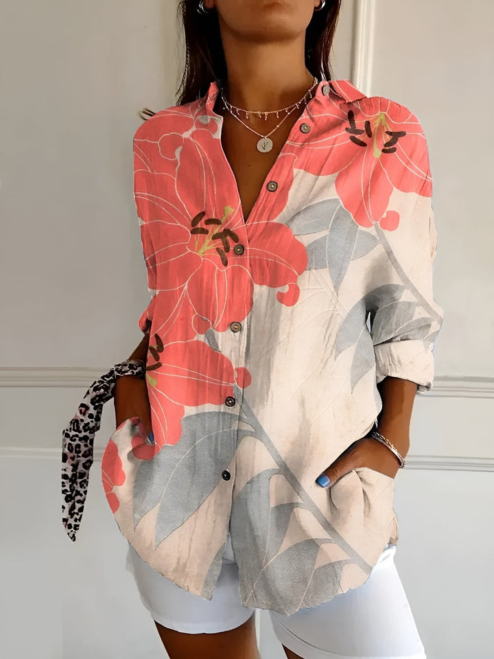 Damen Leinenbluse mit Blumenmustern für jeden Anlass in Orange/Grau Floral