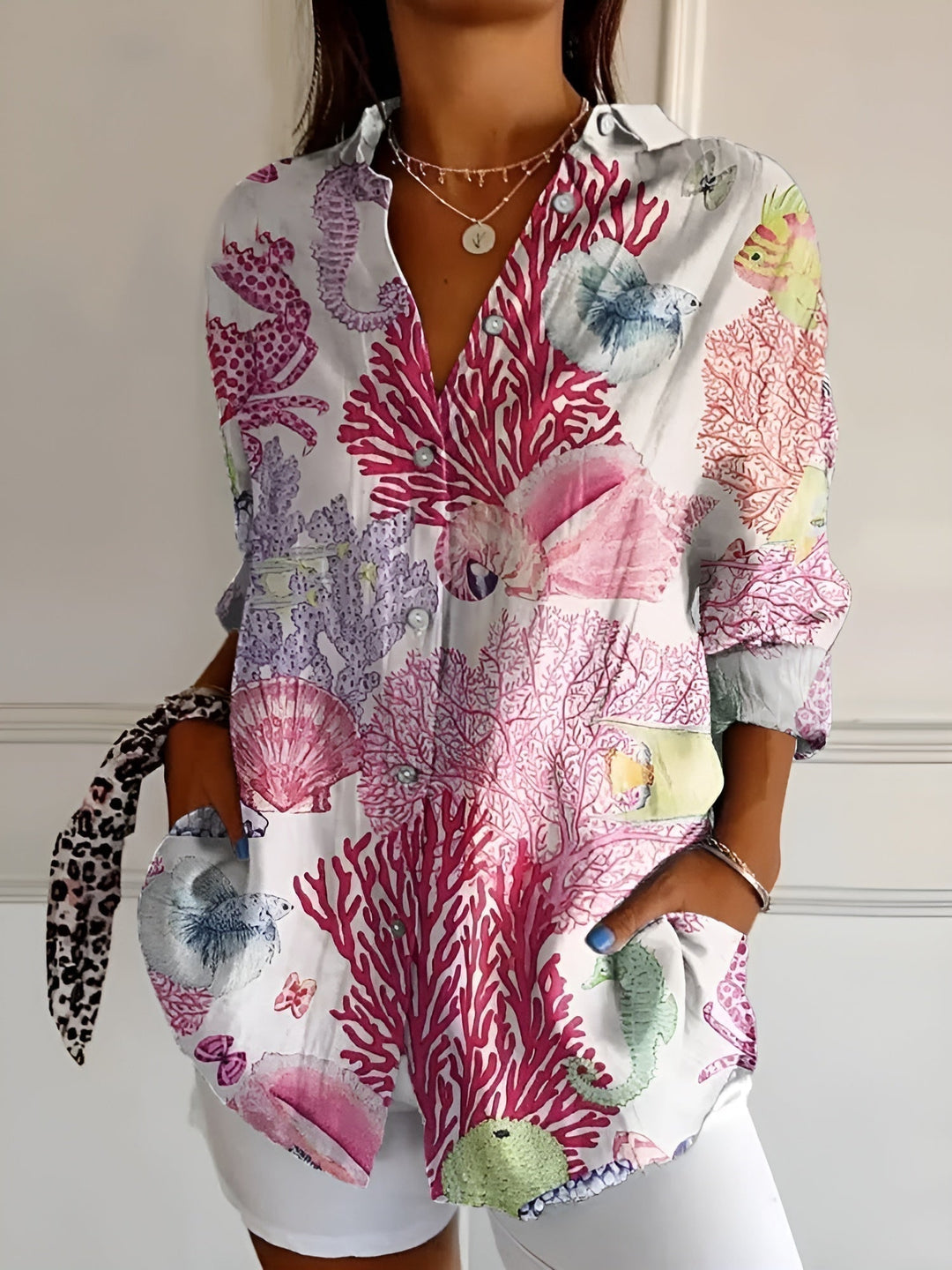 Damen Leinenbluse mit Blumenmustern für jeden Anlass in Rosa