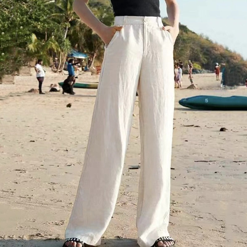 Damen Leinenhose im eleganten Weitbeinstil in Beige