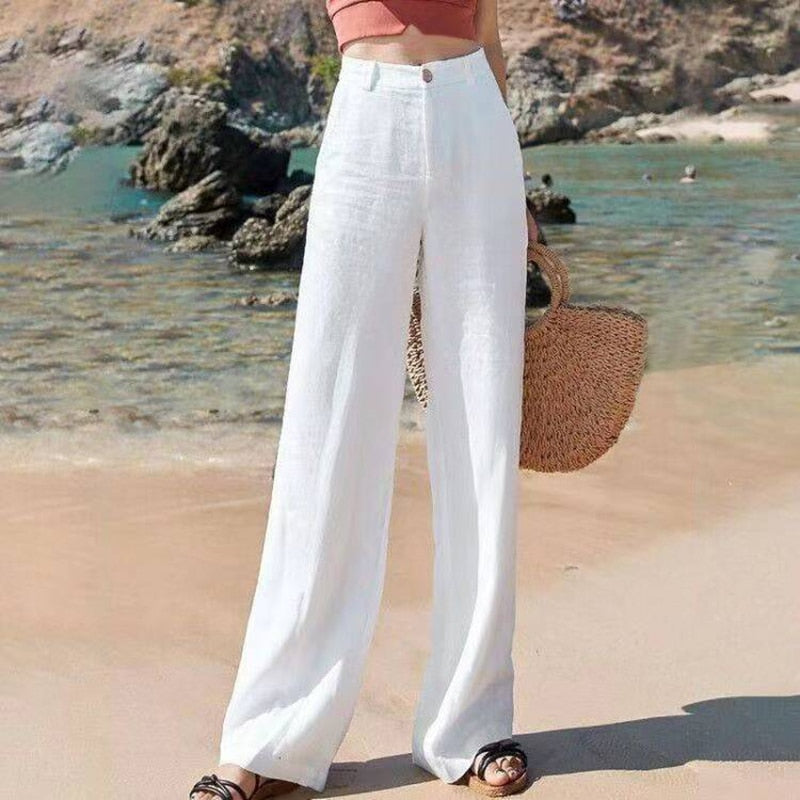 Damen Leinenhose im eleganten Weitbeinstil in Weiß