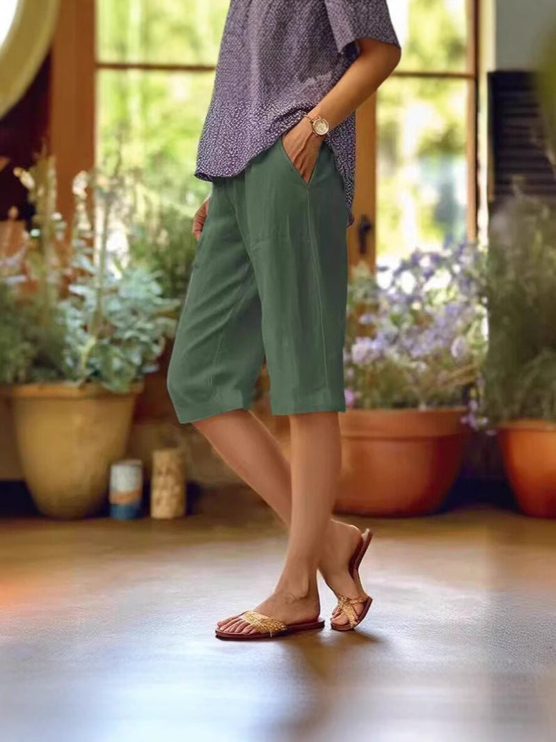 Damen Leinenhose knielang im lockeren Stil in Grün