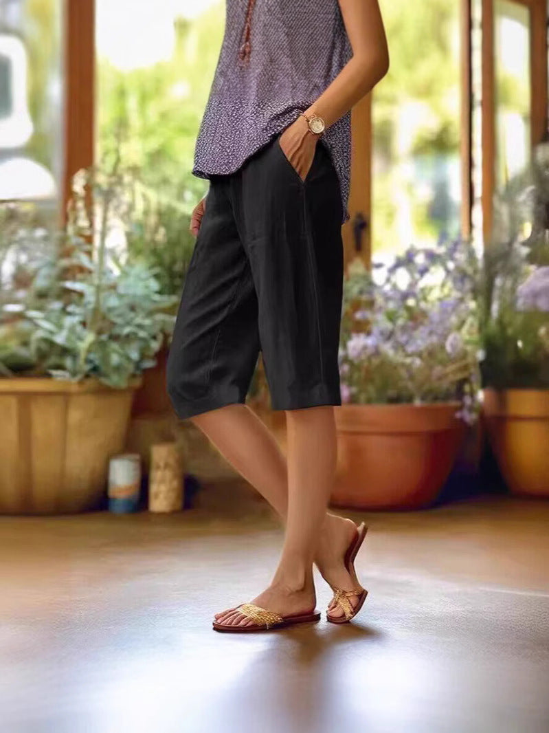 Damen Leinenhose knielang im lockeren Stil in Schwarz