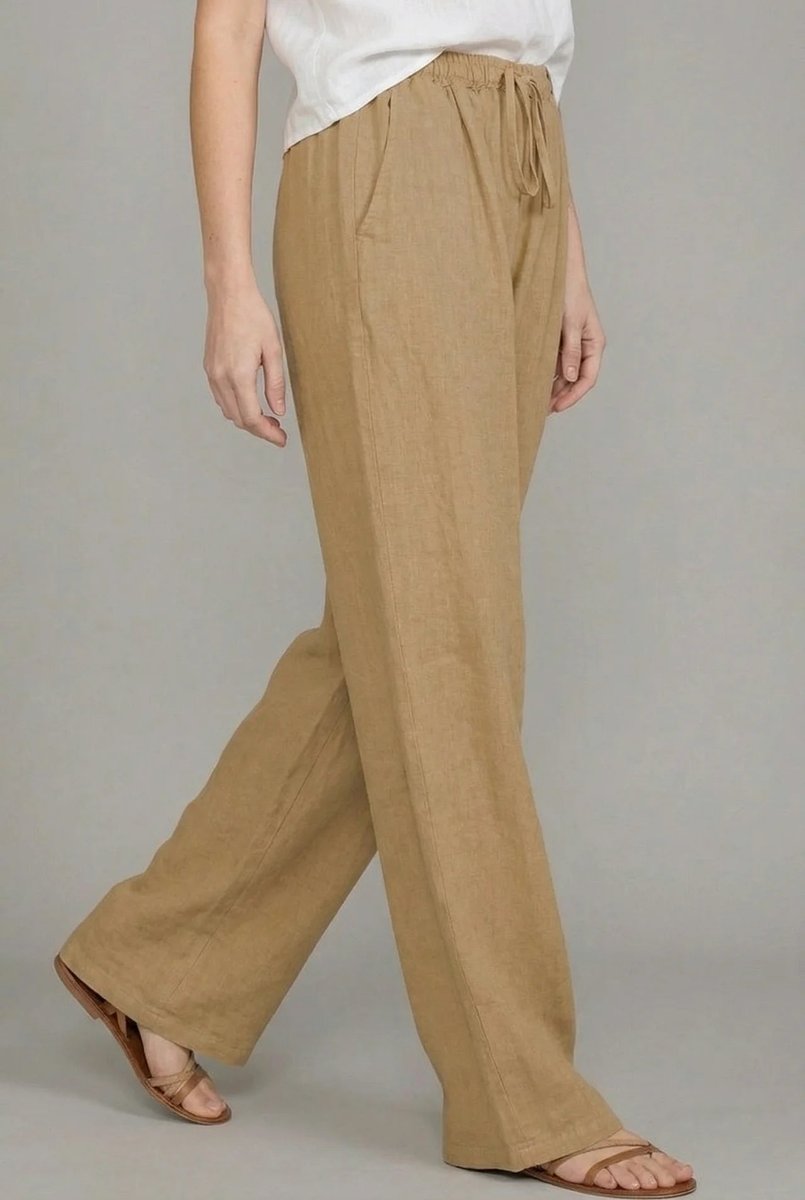 Damen Leinenhose mit weitem Bein und Kordelzug (2)