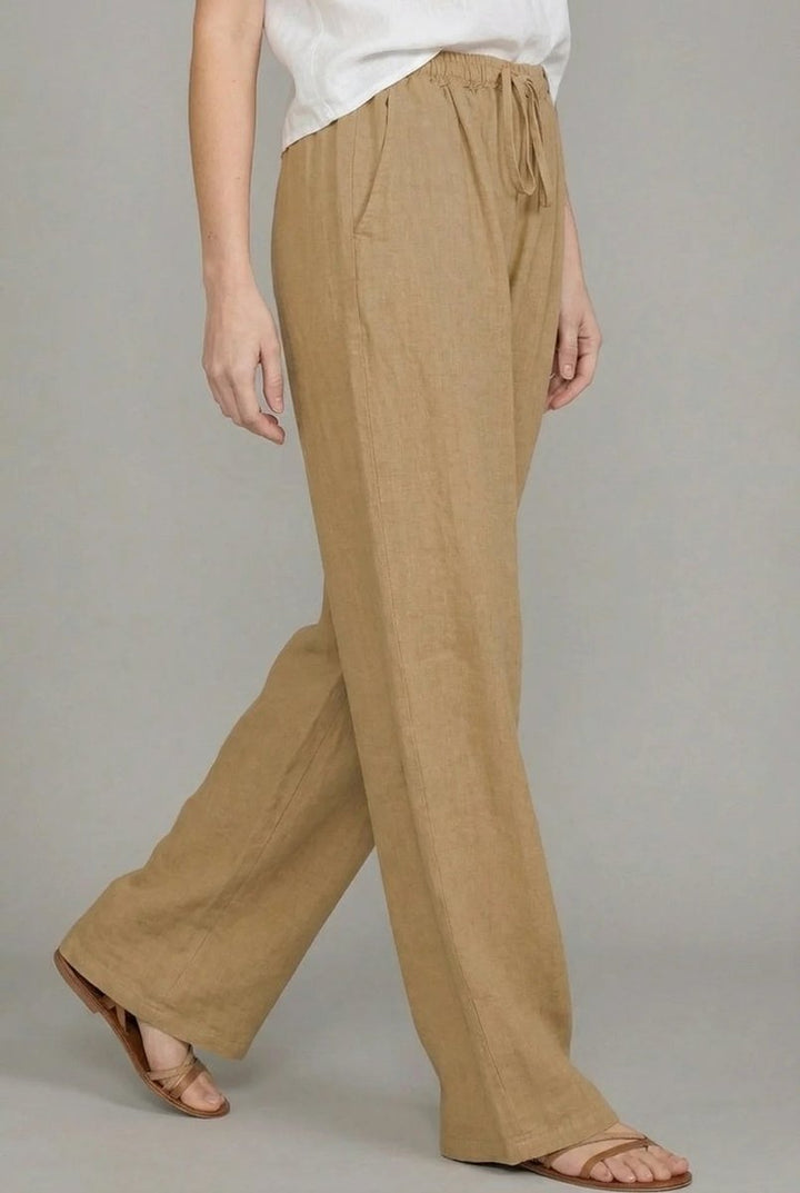 Damen Leinenhose mit weitem Bein und Kordelzug (2)