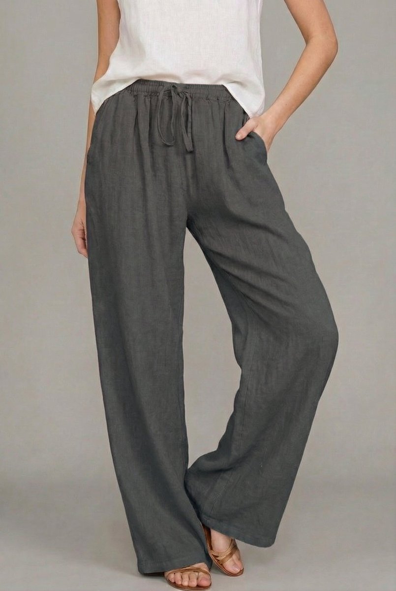 Damen Leinenhose mit weitem Bein und Kordelzug in Dunkelgrau
