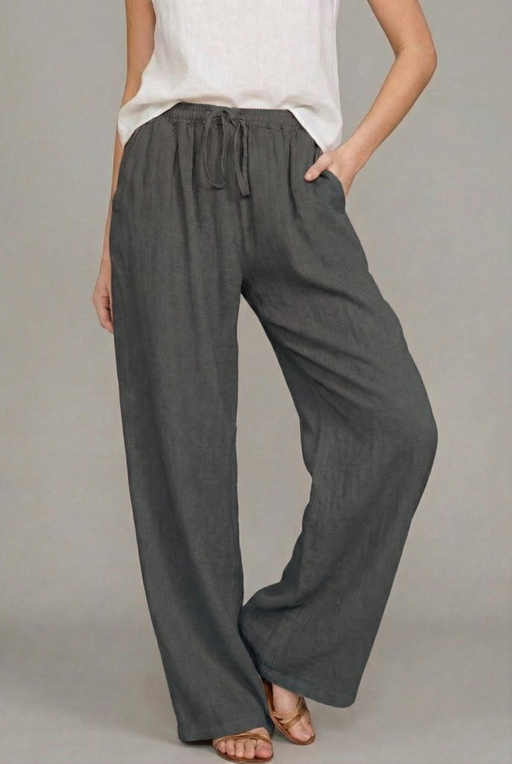 Damen Leinenhose mit weitem Bein und Kordelzug in Dunkelgrau