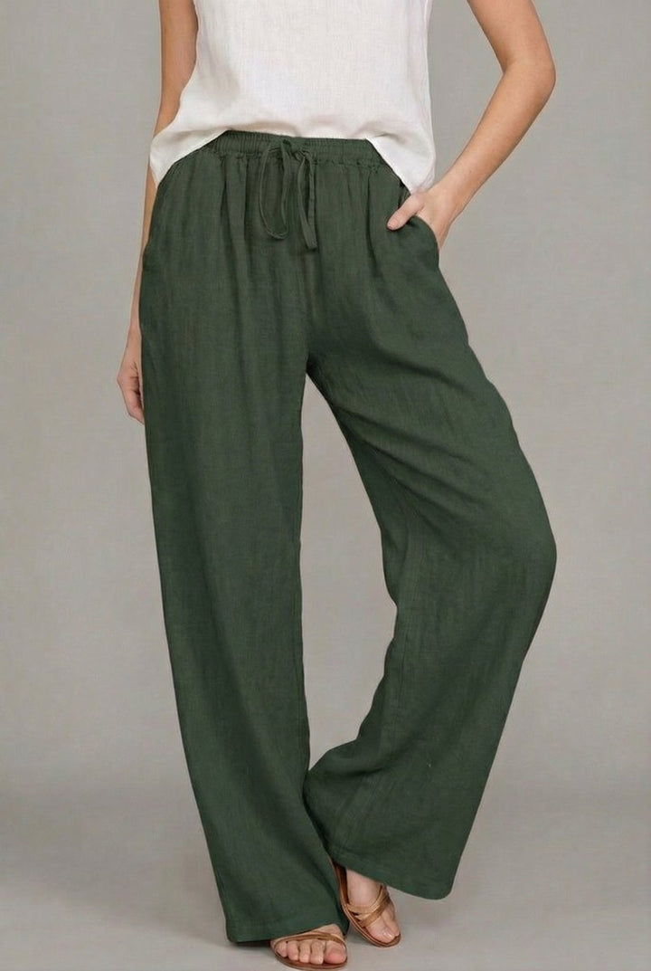 Damen Leinenhose mit weitem Bein und Kordelzug in Grün