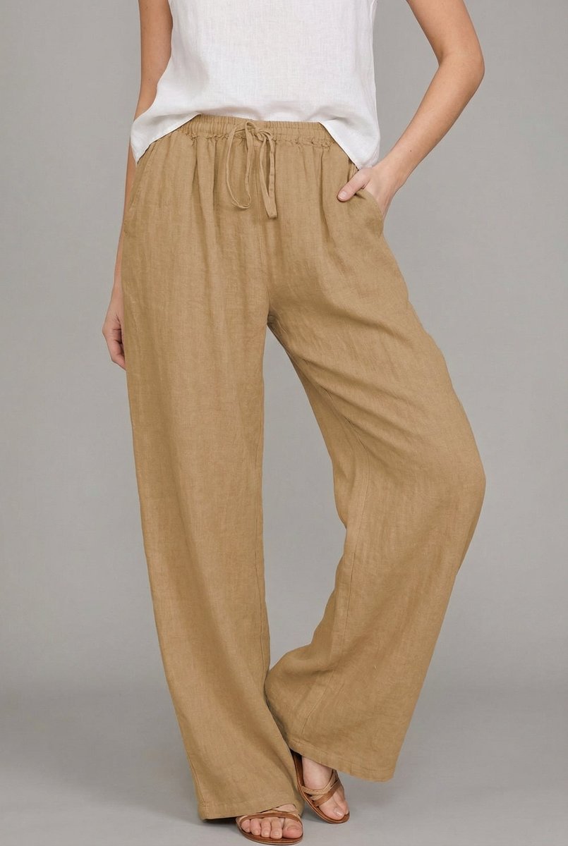 Damen Leinenhose mit weitem Bein und Kordelzug in Khaki
