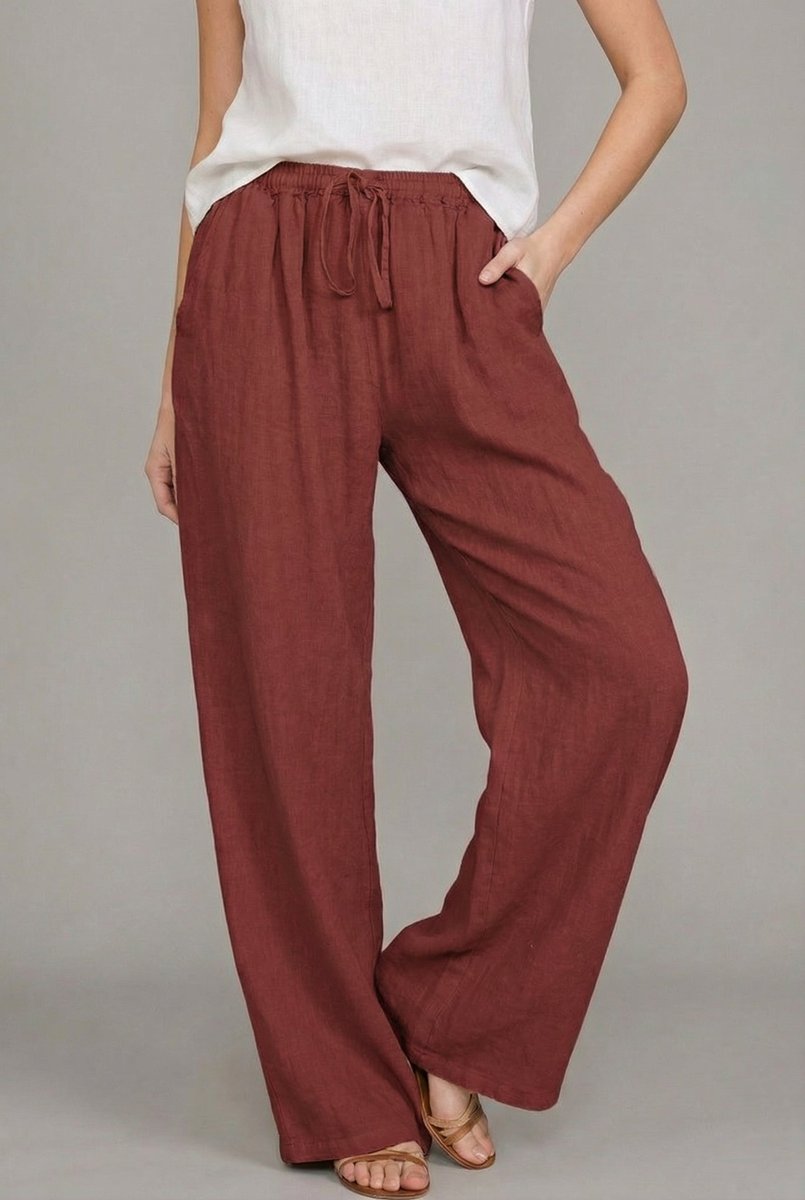 Damen Leinenhose mit weitem Bein und Kordelzug in Weinrot